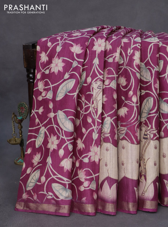 Banarasi tussar silk saree magenta pink with allover pichwai digital prints and zari woven border