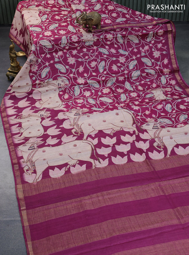 Banarasi tussar silk saree magenta pink with allover pichwai digital prints and zari woven border