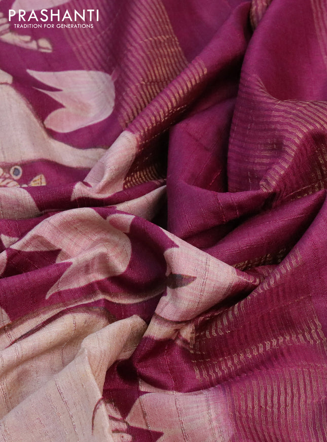 Banarasi tussar silk saree magenta pink with allover pichwai digital prints and zari woven border