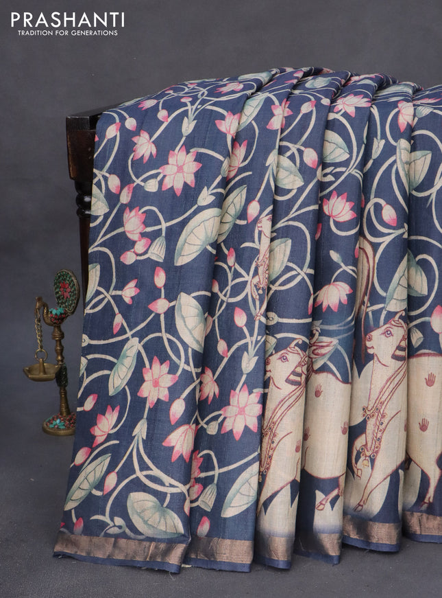 Banarasi tussar silk saree grey with allover pichwai digital prints and zari woven border