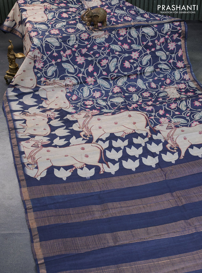 Banarasi tussar silk saree grey with allover pichwai digital prints and zari woven border