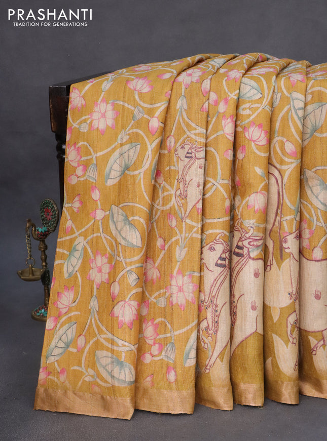 Banarasi tussar silk saree mustard yellow with allover pichwai digital prints and zari woven border