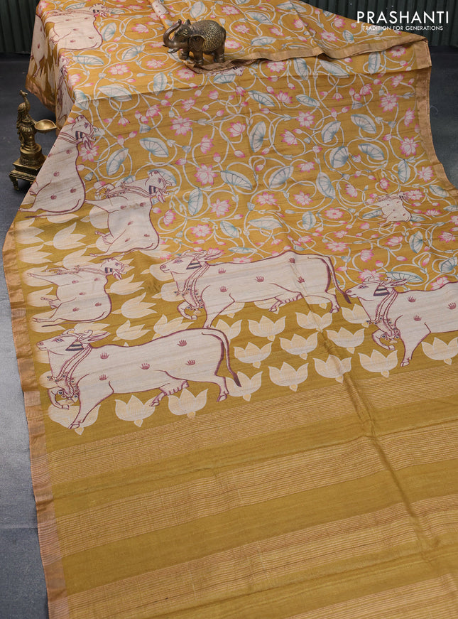 Banarasi tussar silk saree mustard yellow with allover pichwai digital prints and zari woven border