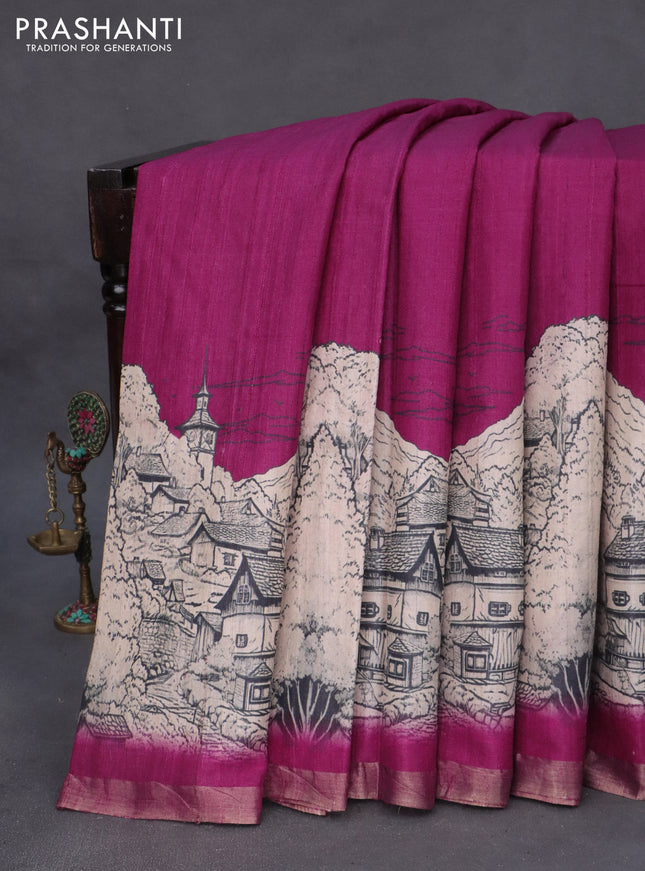 Banarasi tussar silk saree dark magenta pink with plain body and floral deisgn printed zari border