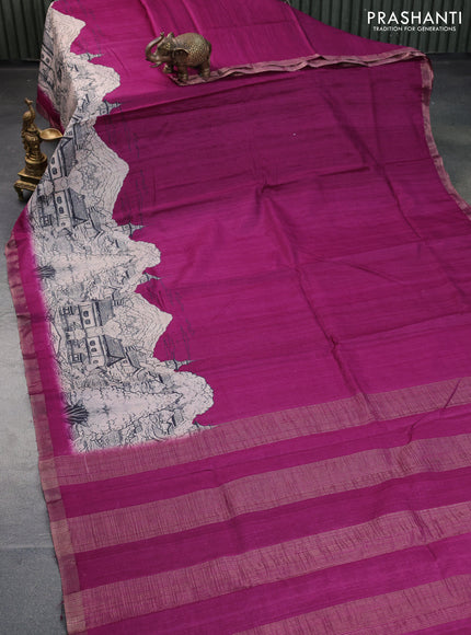 Banarasi tussar silk saree dark magenta pink with plain body and floral deisgn printed zari border