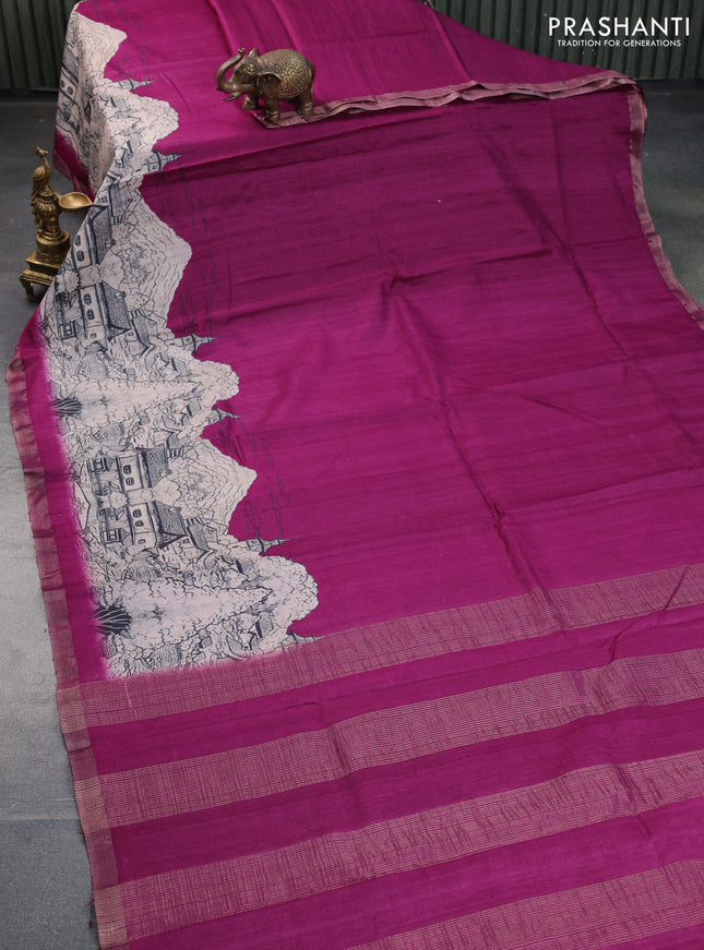Banarasi tussar silk saree dark magenta pink with plain body and floral deisgn printed zari border
