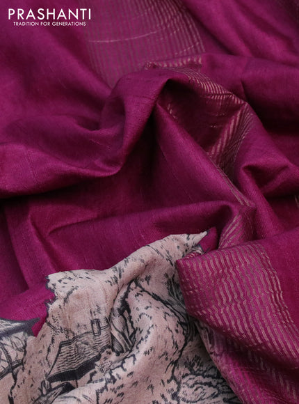 Banarasi tussar silk saree dark magenta pink with plain body and floral deisgn printed zari border