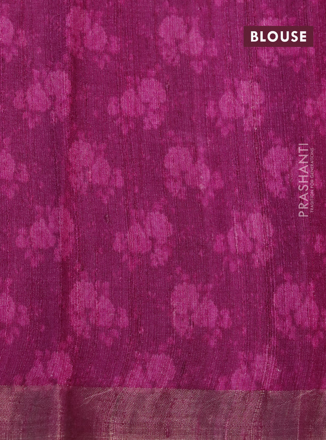 Banarasi tussar silk saree dark magenta pink with plain body and floral deisgn printed zari border