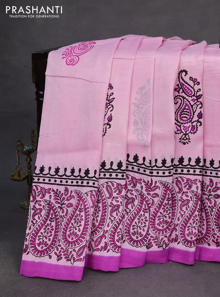 Bishnupuri silk saree light pink and lavender shade with butta prints and printed border