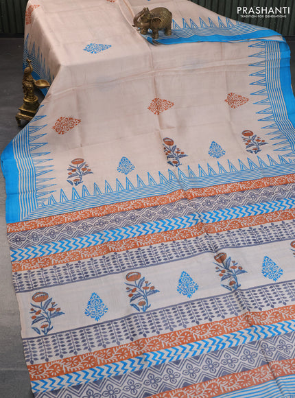 Bishnupuri silk saree pastel brown and cs blue with butta prints and printed border