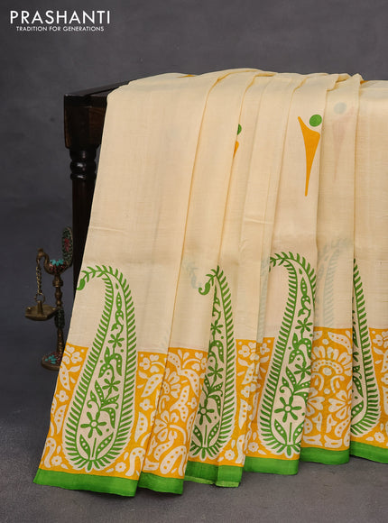 Bishnupuri silk saree cream and yellow with butta prints and printed border