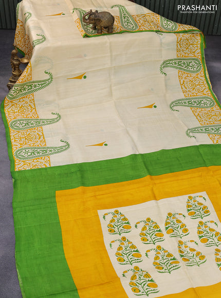 Bishnupuri silk saree cream and yellow with butta prints and printed border