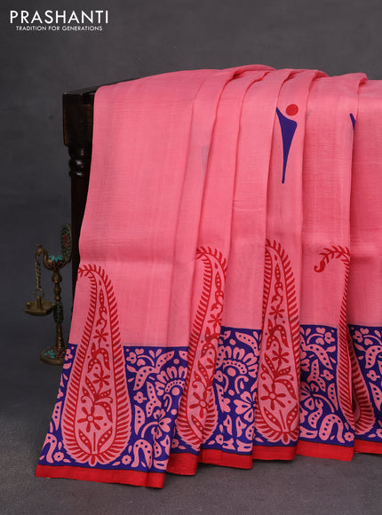 Bishnupuri silk saree peach pink and blue with butta prints and printed border