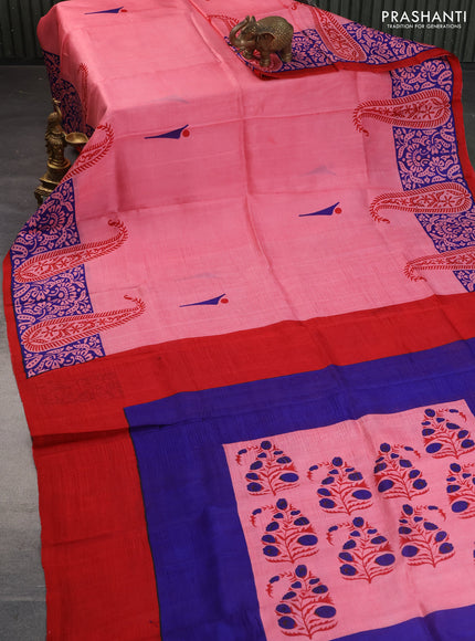 Bishnupuri silk saree peach pink and blue with butta prints and printed border