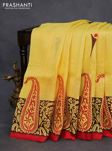 Bishnupuri silk saree yellow and brown with butta prints and printed border