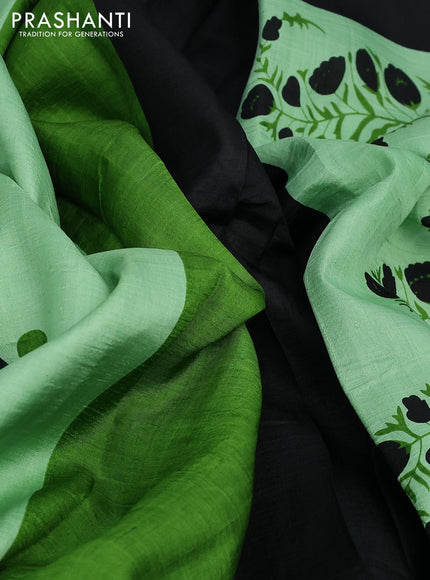 Bishnupuri silk saree pastel green and black with butta prints and printed border