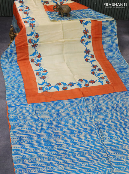 Bishnupuri silk saree cream and orange cs blue with floral prints and printed border