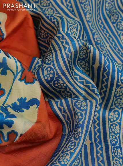 Bishnupuri silk saree cream and orange cs blue with floral prints and printed border