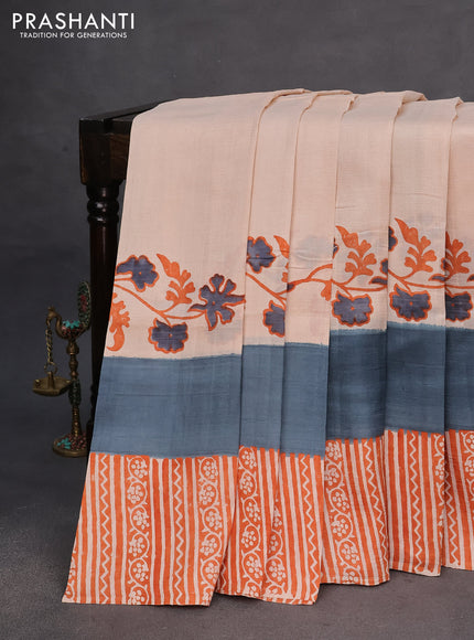 Bishnupuri silk saree beige and grey orange with floral prints and printed border