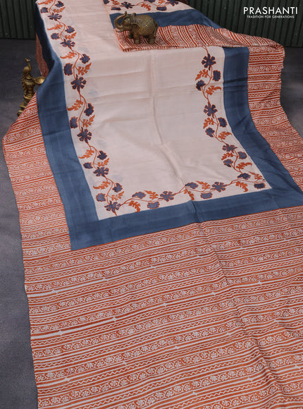Bishnupuri silk saree beige and grey orange with floral prints and printed border
