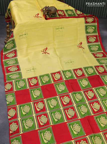 Bishnupuri silk saree yellow and green red with butta prints and printed border