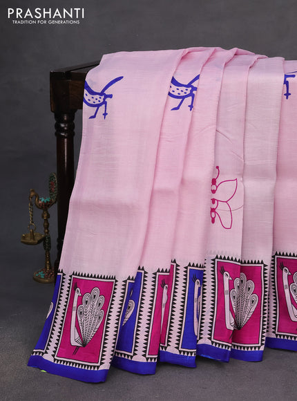 Bishnupuri silk saree pastel pink and blue magenta pink with butta prints and printed border