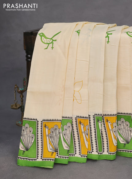 Bishnupuri silk saree cream and green mustard yellow with butta prints and printed border