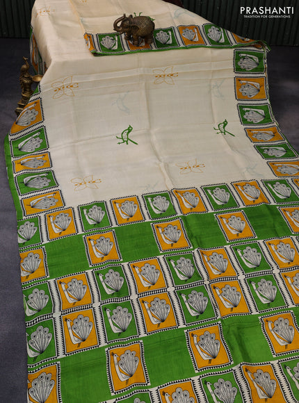 Bishnupuri silk saree cream and green mustard yellow with butta prints and printed border