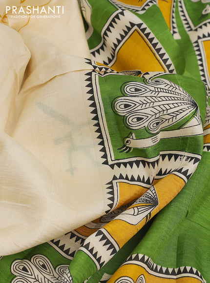 Bishnupuri silk saree cream and green mustard yellow with butta prints and printed border