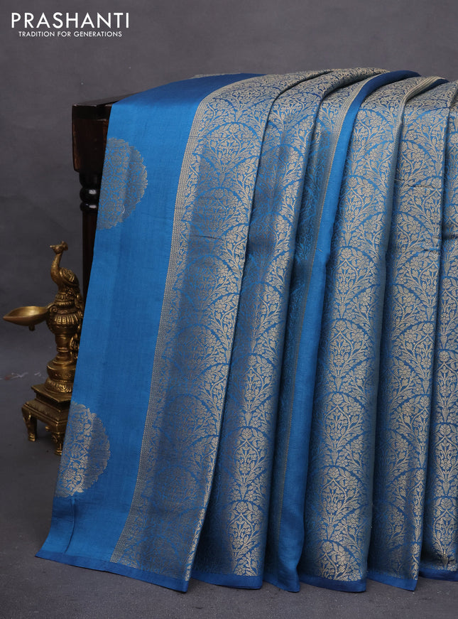 Chiniya silk saree peacock blue with allover zari weaves & buttas in borderless style