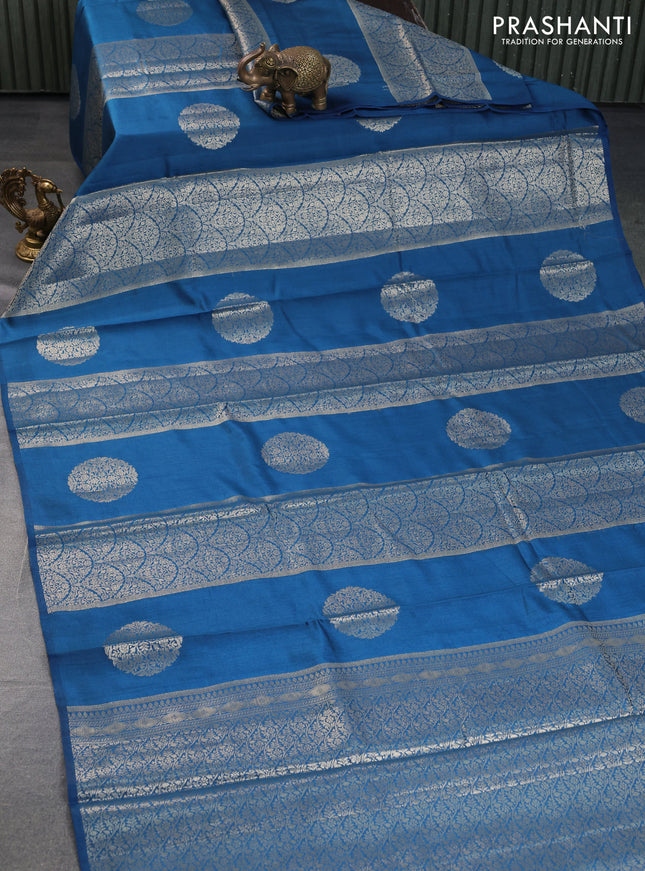 Chiniya silk saree peacock blue with allover zari weaves & buttas in borderless style