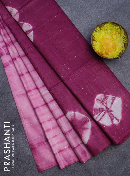 Semi bamboo saree light pink and magenta pink with tie & dye prints & sequin work in borderless style