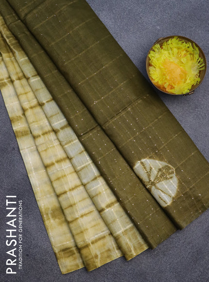 Semi bamboo saree pale yellow and mehendi green with tie & dye prints & sequin work in borderless style