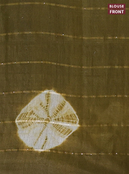 Semi bamboo saree pale yellow and mehendi green with tie & dye prints & sequin work in borderless style