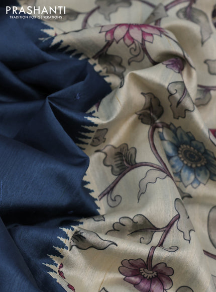 Semi tussar saree peacock blue and cream with allover mirror work and kalamkari printed border