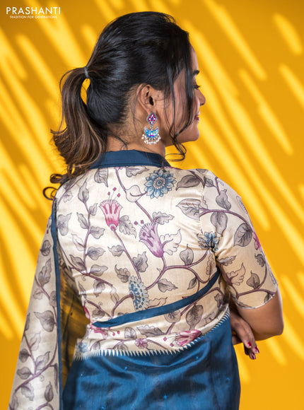 Semi tussar saree peacock blue and cream with allover mirror work and kalamkari printed border