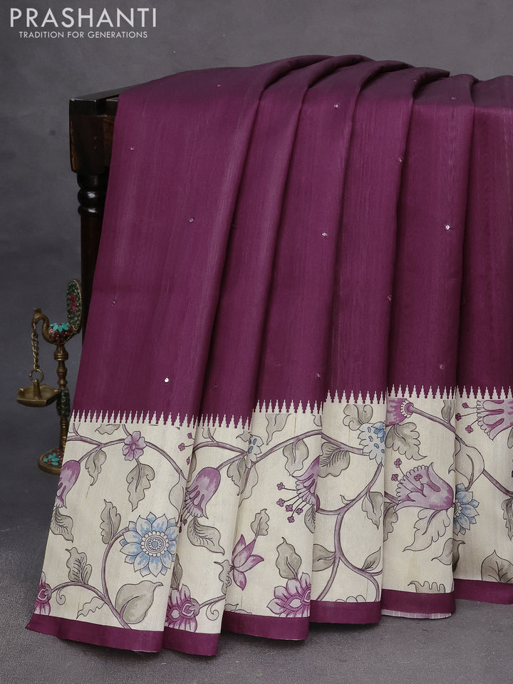 Semi tussar saree wine shade and cream with allover mirror work and kalamkari printed border