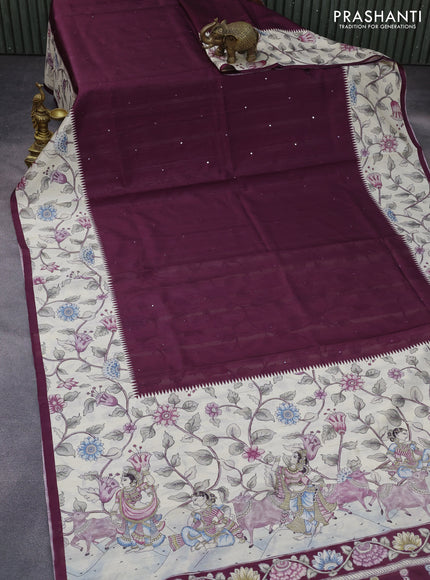 Semi tussar saree wine shade and cream with allover mirror work and kalamkari printed border