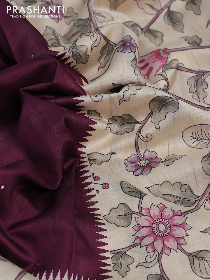 Semi tussar saree wine shade and cream with allover mirror work and kalamkari printed border