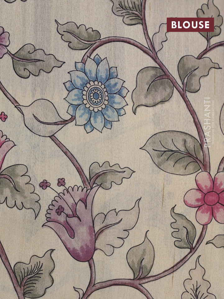 Semi tussar saree wine shade and cream with allover mirror work and kalamkari printed border