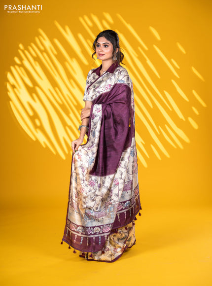 Semi tussar saree wine shade and cream with allover mirror work and kalamkari printed border