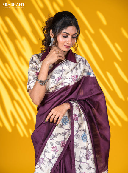 Semi tussar saree wine shade and cream with allover mirror work and kalamkari printed border