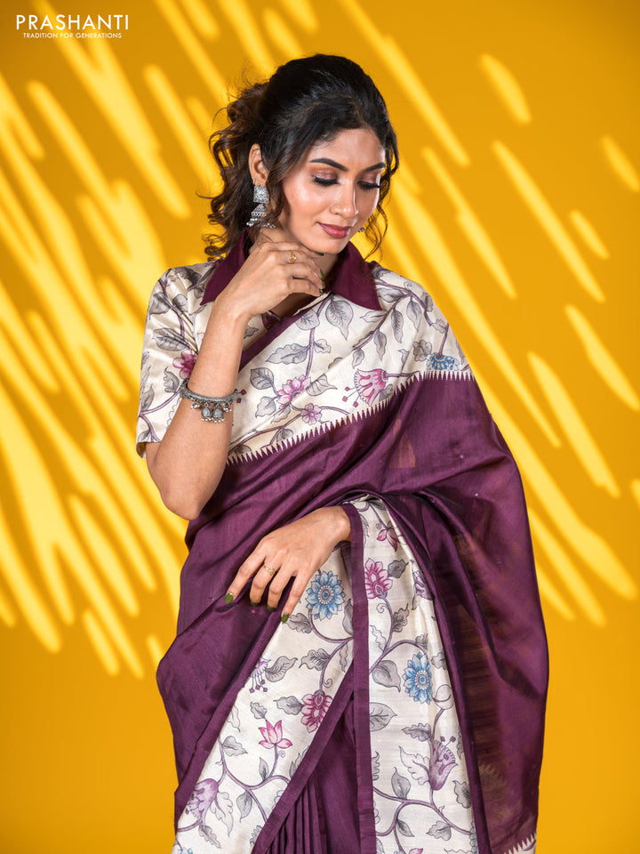 Semi tussar saree wine shade and cream with allover mirror work and kalamkari printed border