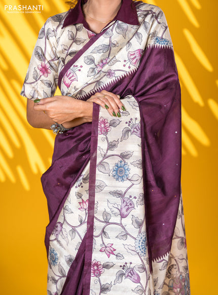 Semi tussar saree wine shade and cream with allover mirror work and kalamkari printed border