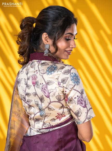Semi tussar saree wine shade and cream with allover mirror work and kalamkari printed border