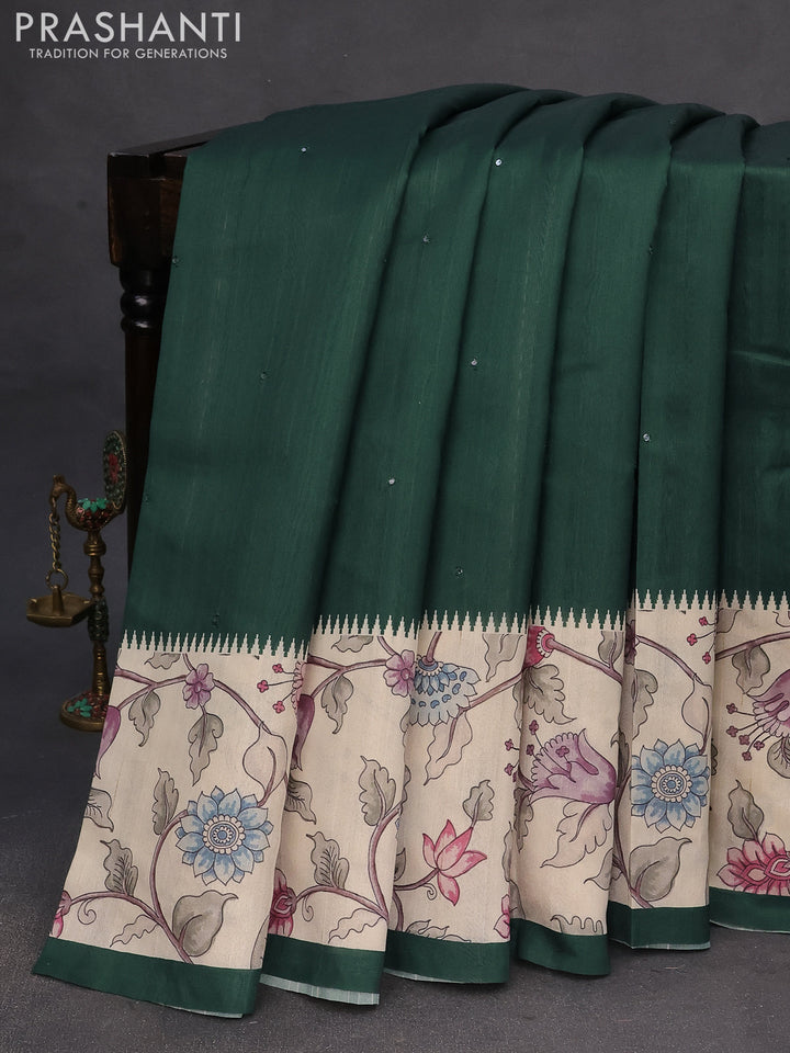 Semi tussar saree dark green and cream with allover mirror work and kalamkari printed border