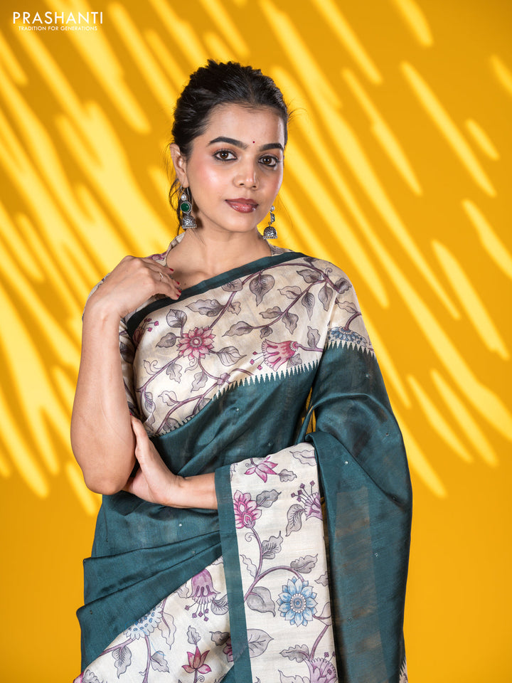 Semi tussar saree dark green and cream with allover mirror work and kalamkari printed border