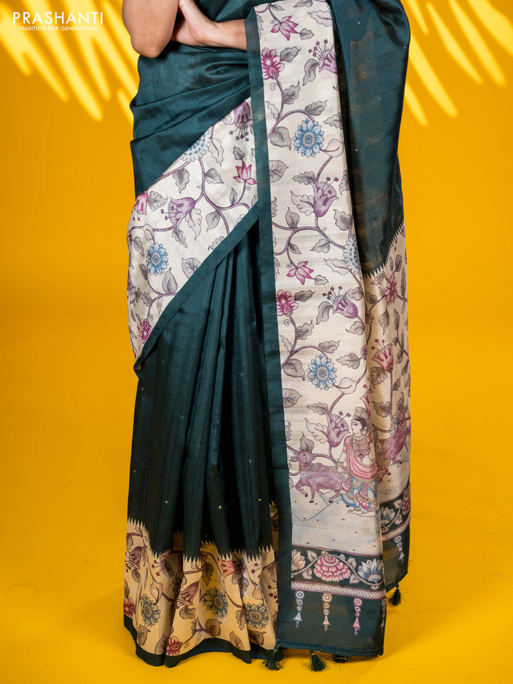 Semi tussar saree dark green and cream with allover mirror work and kalamkari printed border