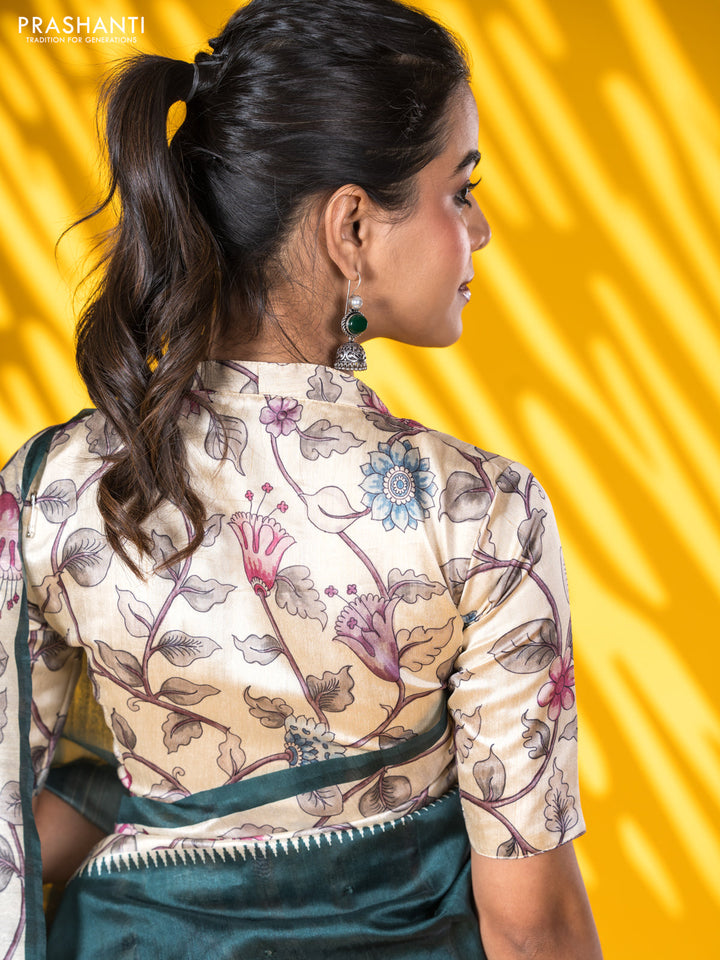 Semi tussar saree dark green and cream with allover mirror work and kalamkari printed border