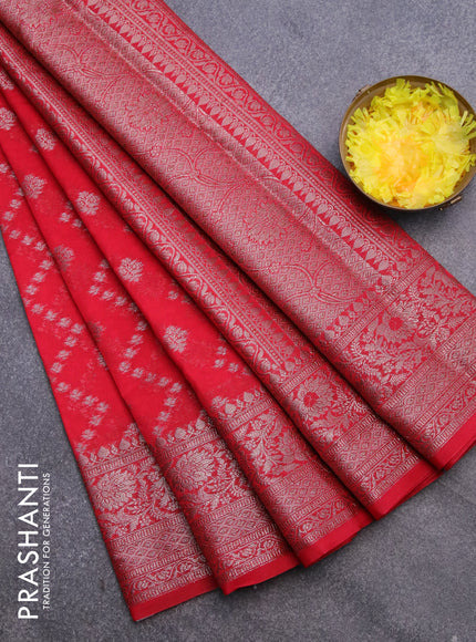 Semi chiniya saree red with allover thread & zari weaves and banarasi style border